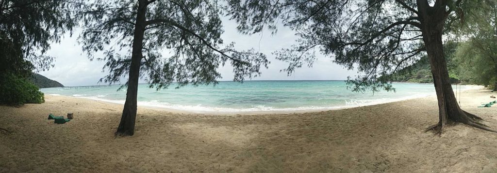 Early morning view of the beach in front of our tent.